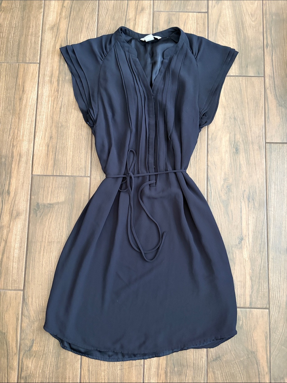 H&M Navy Pleated Tie-Waist Mini Dress